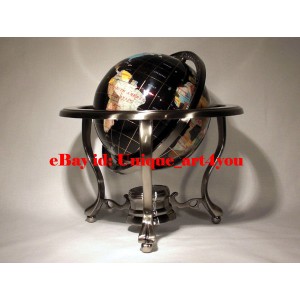 10" Tall Table Top Black Onyx Ocean Gemstone World Globe with Silver Tripod Stan 722301696101  172283301267